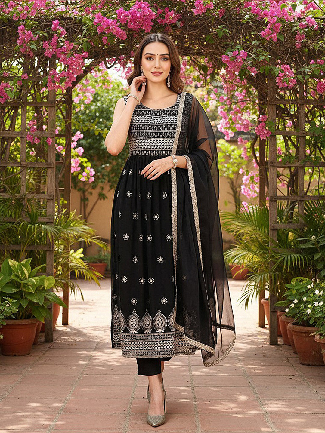 AHIKA Black Ethnic Motifs Embroidered Thread Work A-Line Kurta & Trousers With Dupatta