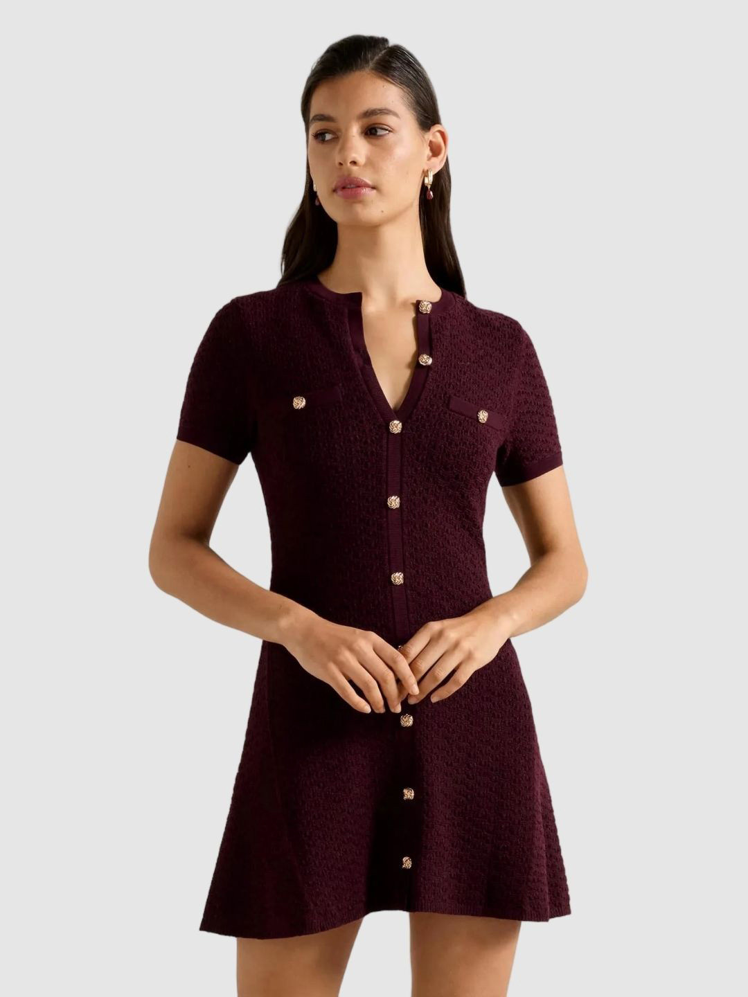 Forever New Self Design Notch Neck Embellished Casual A-Line Mini Dress