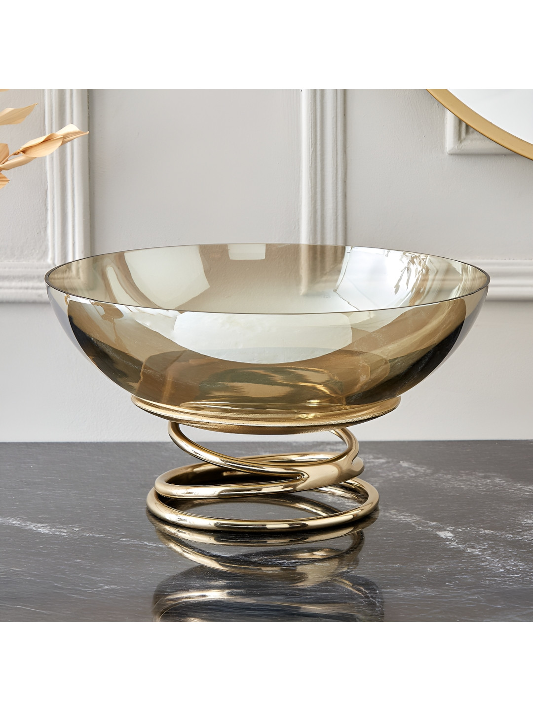 Home Centre Gold-Toned Brim Royale Swirl Glass Footed Bowl With Aluminium Stand