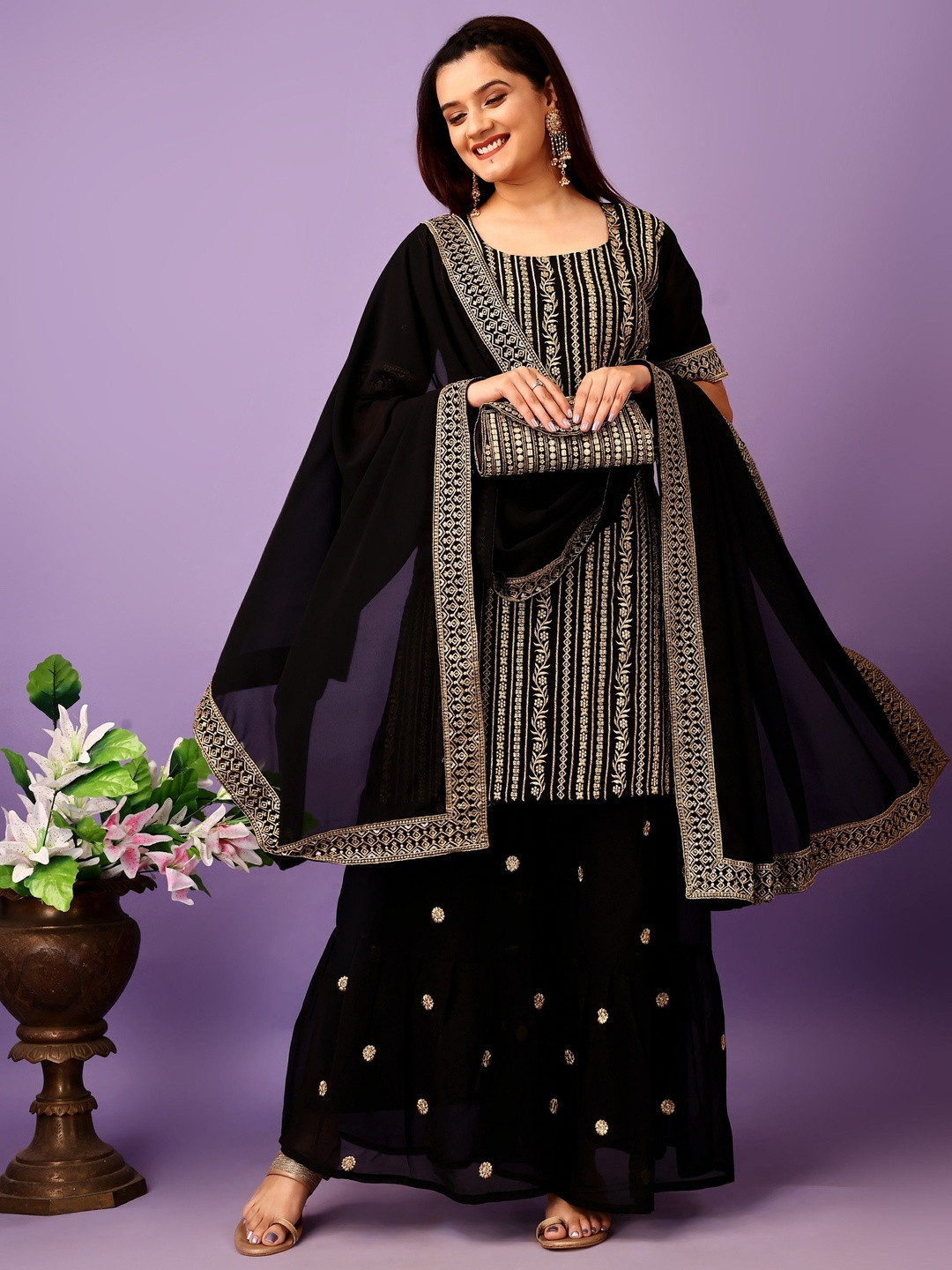 GLOSIA DESIGN Women Ethnic Motifs Embroidered Regular Straight Kurta with Sharara &Dupatta
