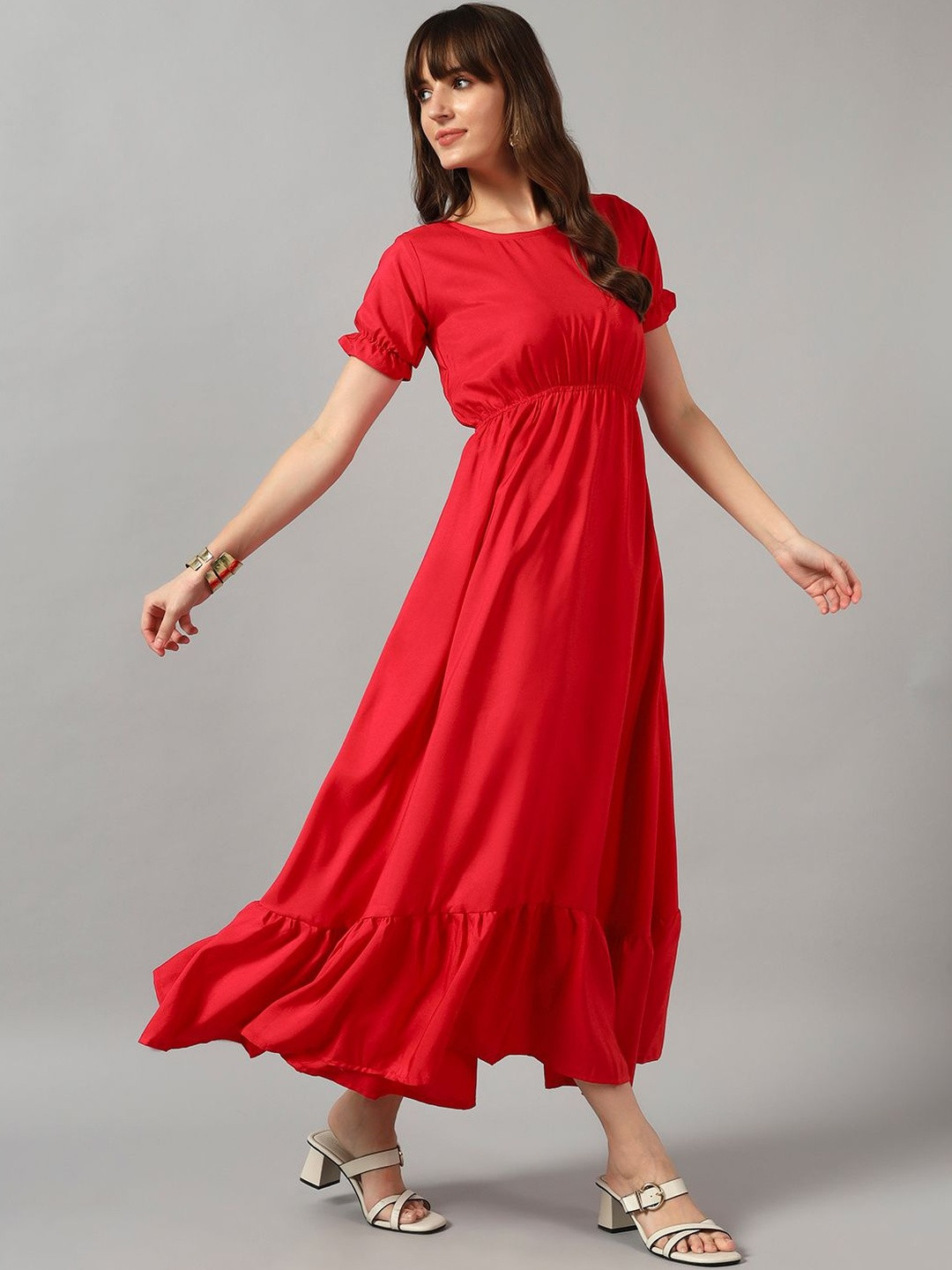 Jash Creation Women Red Solid Crepe Round Neck Tiered Long Dress Flared Maxi Kurti