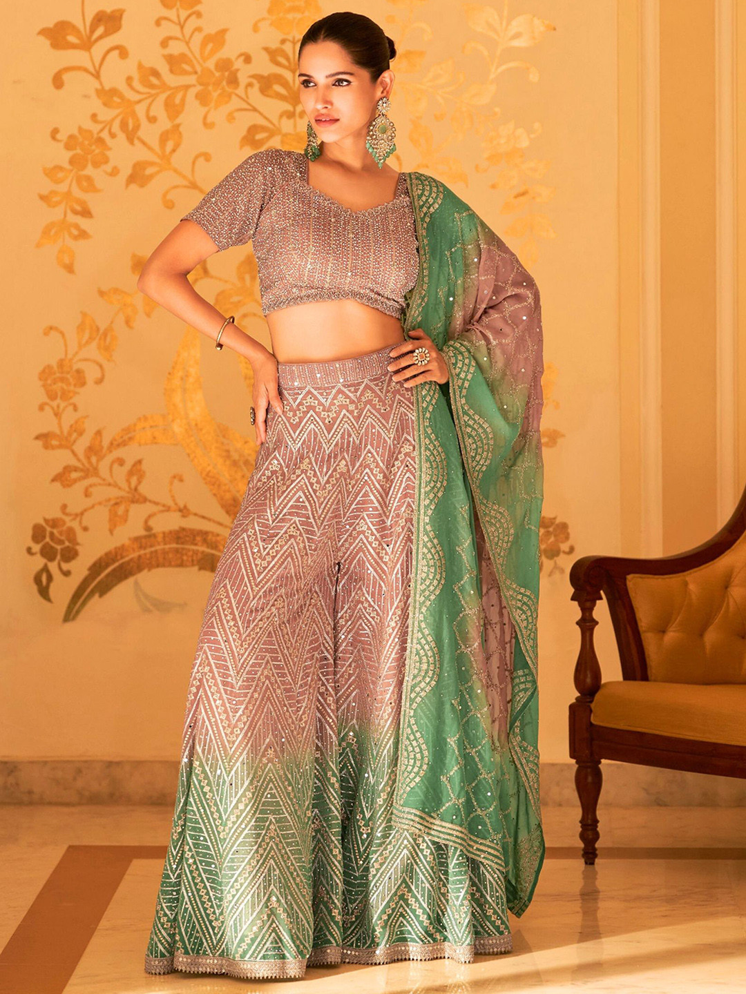 MYROR Floral Embroidered U-Neck Sequinned Crop Top With Palazzos And Dupatta
