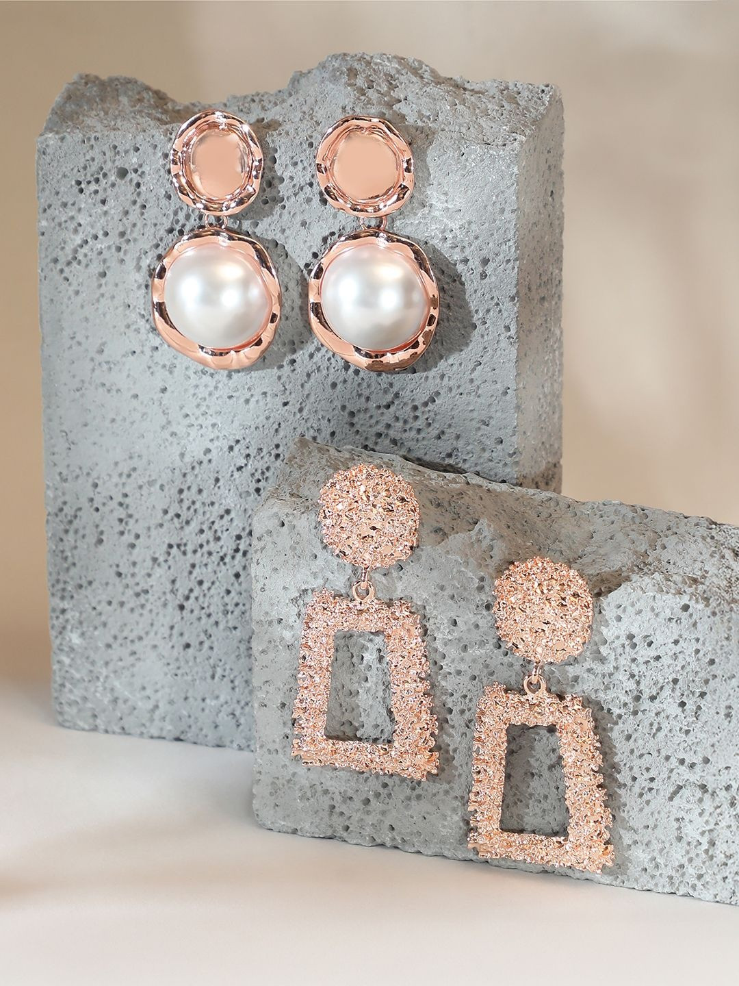 SOHI Set Of 2 Rose Gold-Plated Pearls Contemporary Corroded-Roma Drop Earrings
