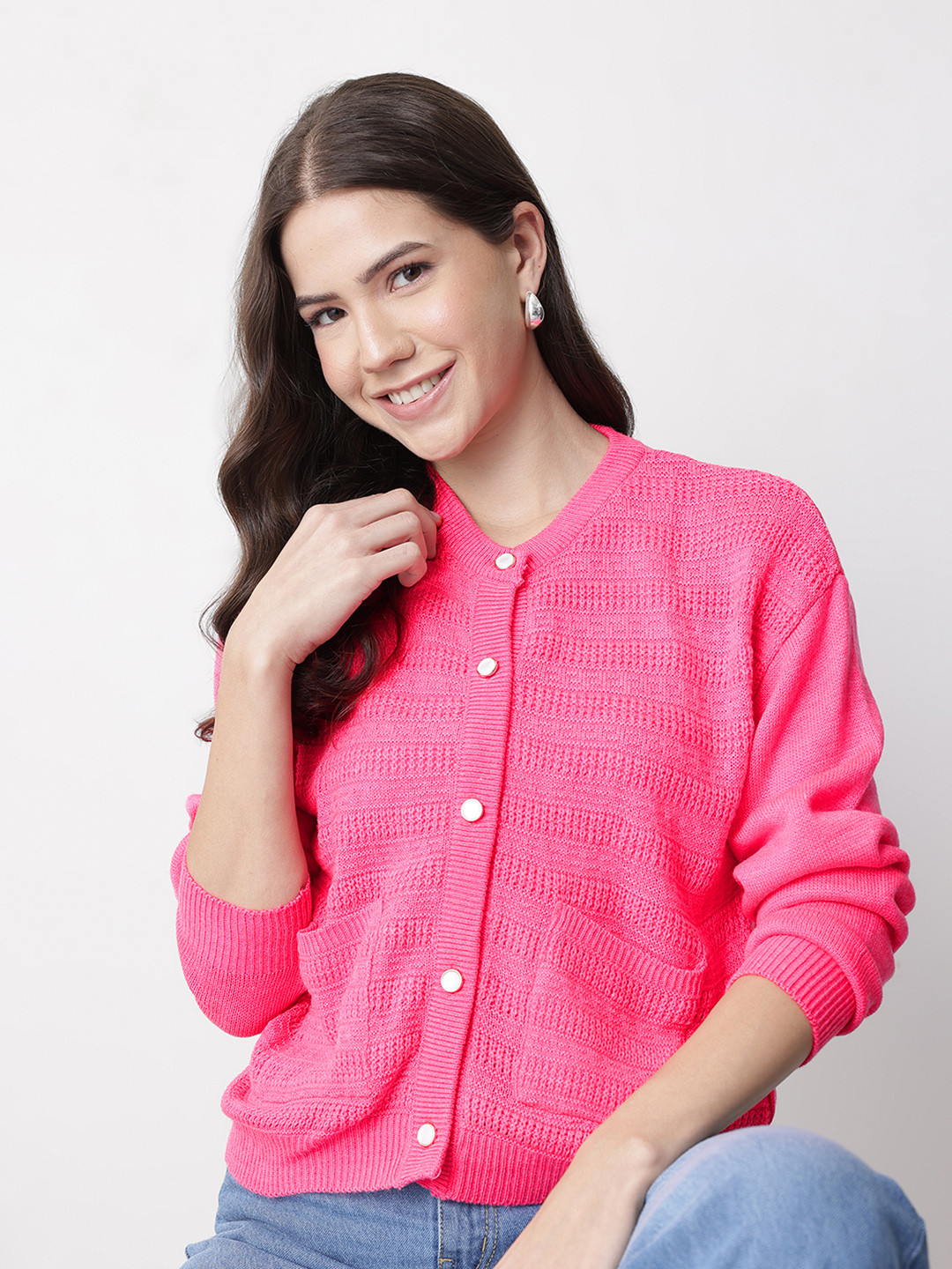Mast & Harbour  Solid Round Neck Self-Striped Cardigan