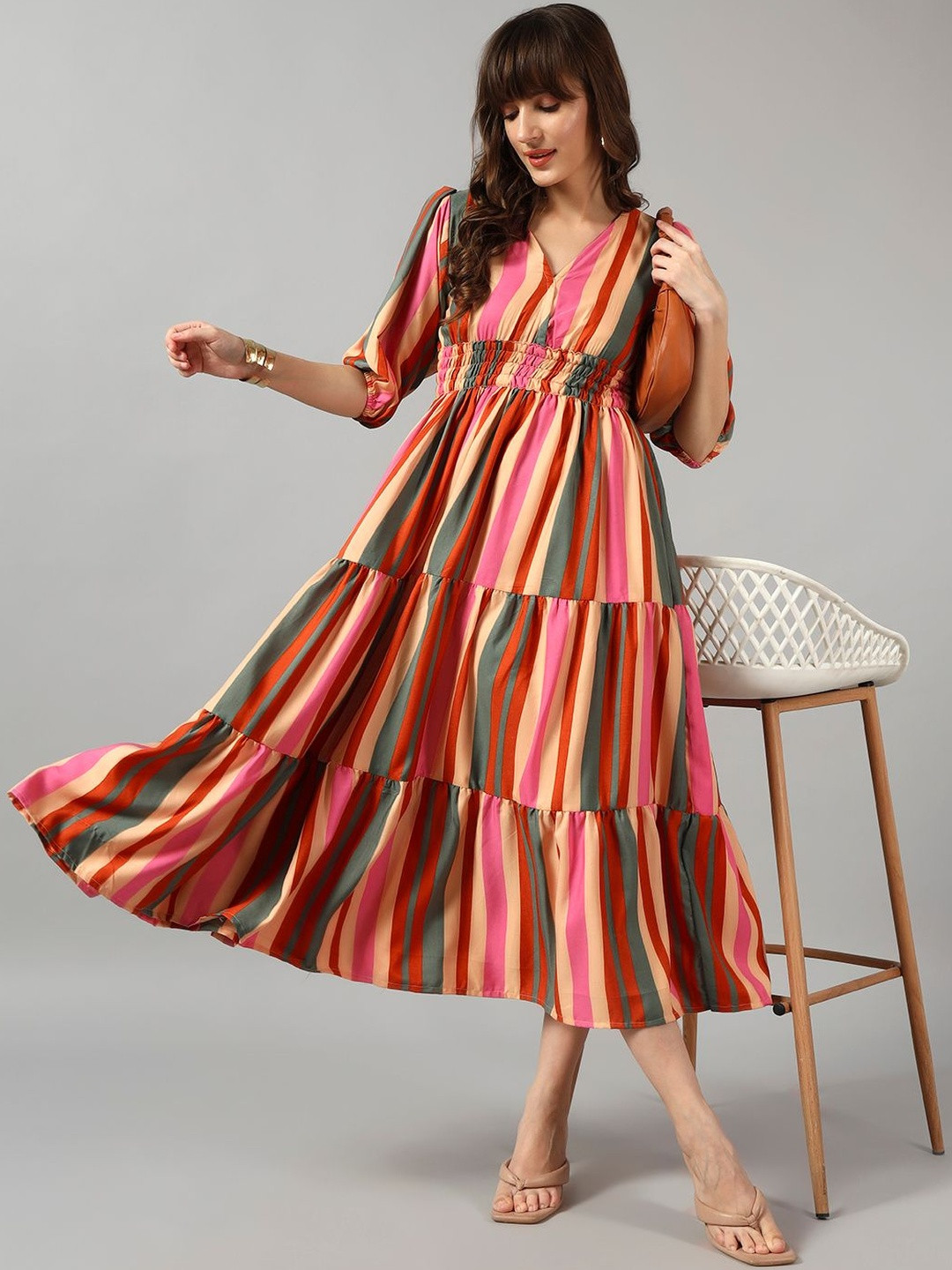 Jash Creation Women Printed V-Neck Tiered Long Dress Flared Maxi Kurti