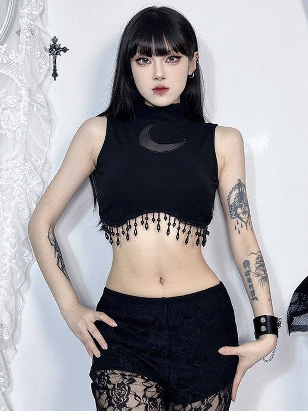HERE&NOW Women High Neck Sleeveless Beads Detail Crop Top