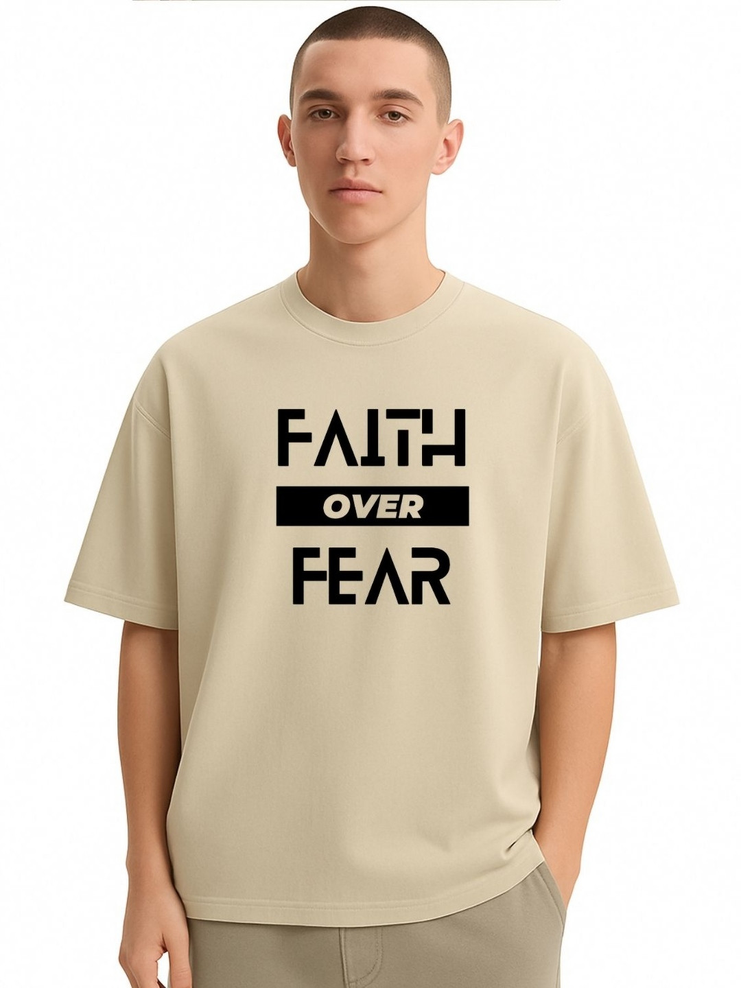 Fashnobic Men Dri-FIT Trendy Faith Over Fear Printed Round Neck Cotton Oversized T-shirt