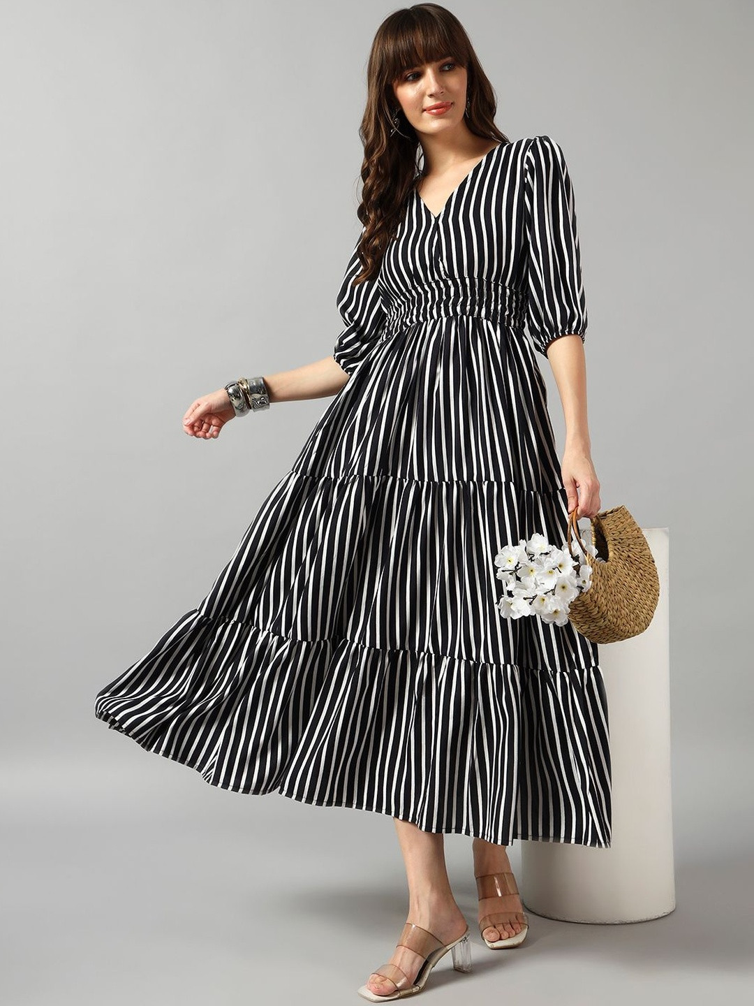 Jash Creation Women Crepe Printed Puff Sleeve Tiered Kurtas