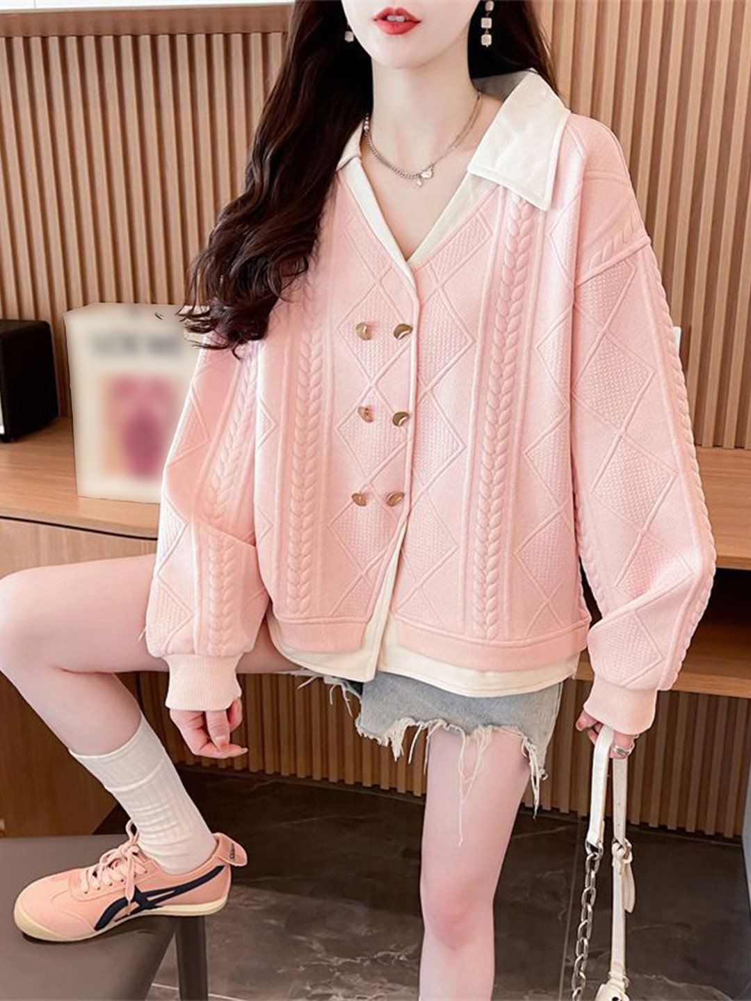 StyleCast x Revolte Women Pink Solid V-Neck Button Sweatshirt
