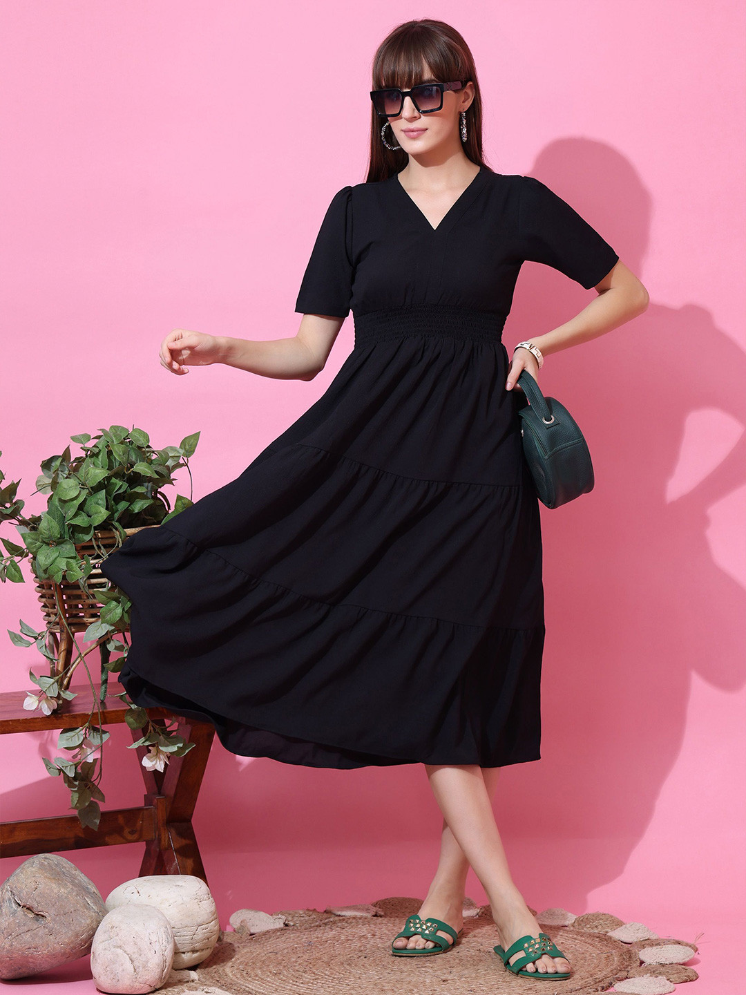 Honky Tonky Gathered & Pleated A-Line Midi Dress