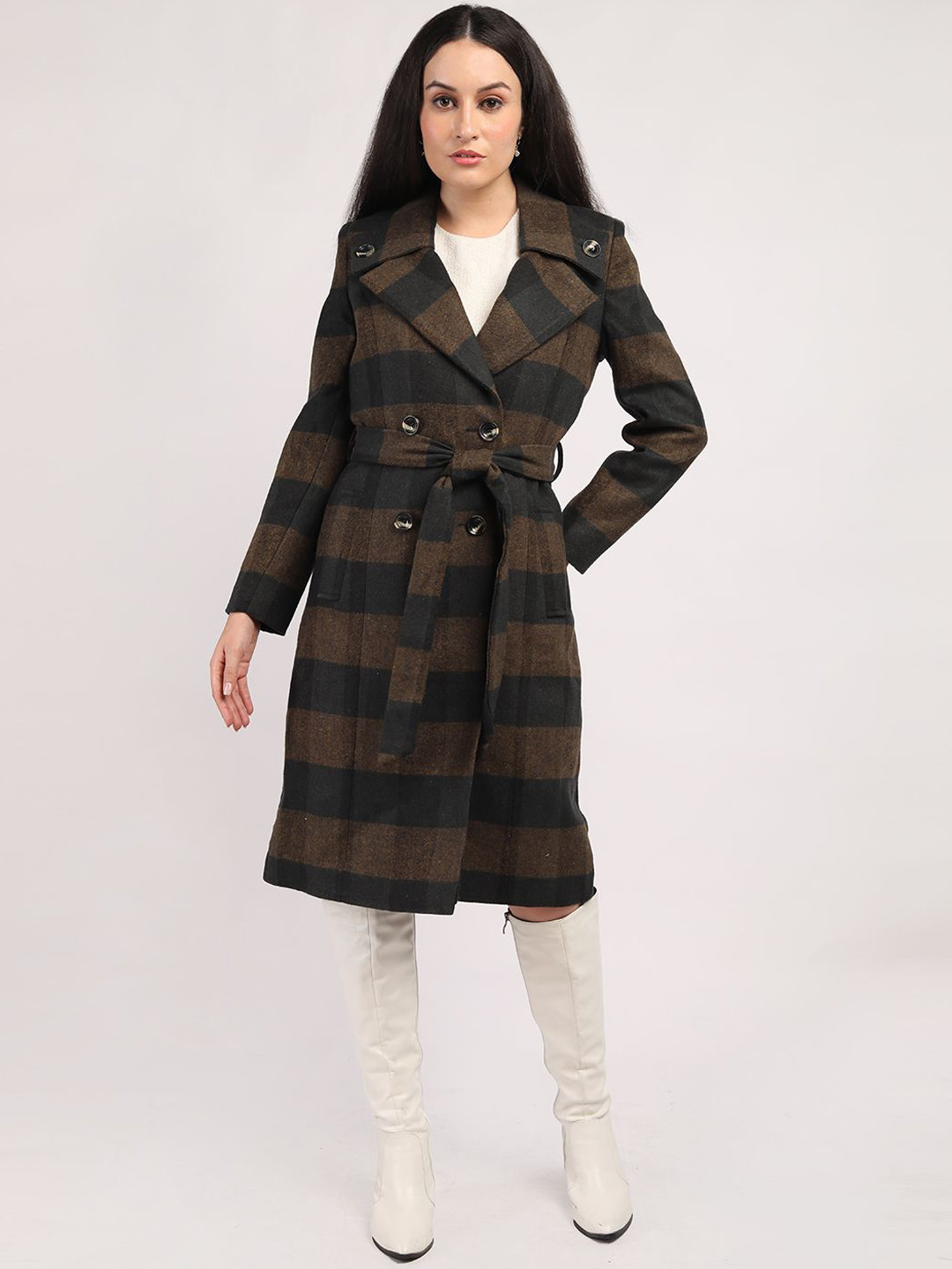 HONNETE Women Checked Trench Coat