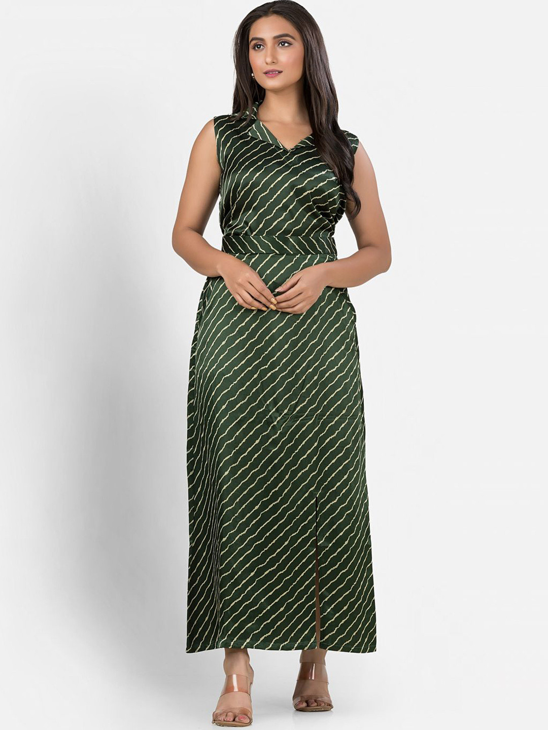 Crazy Needle Shirt Collar Striped Sleeveless Top With Skirt