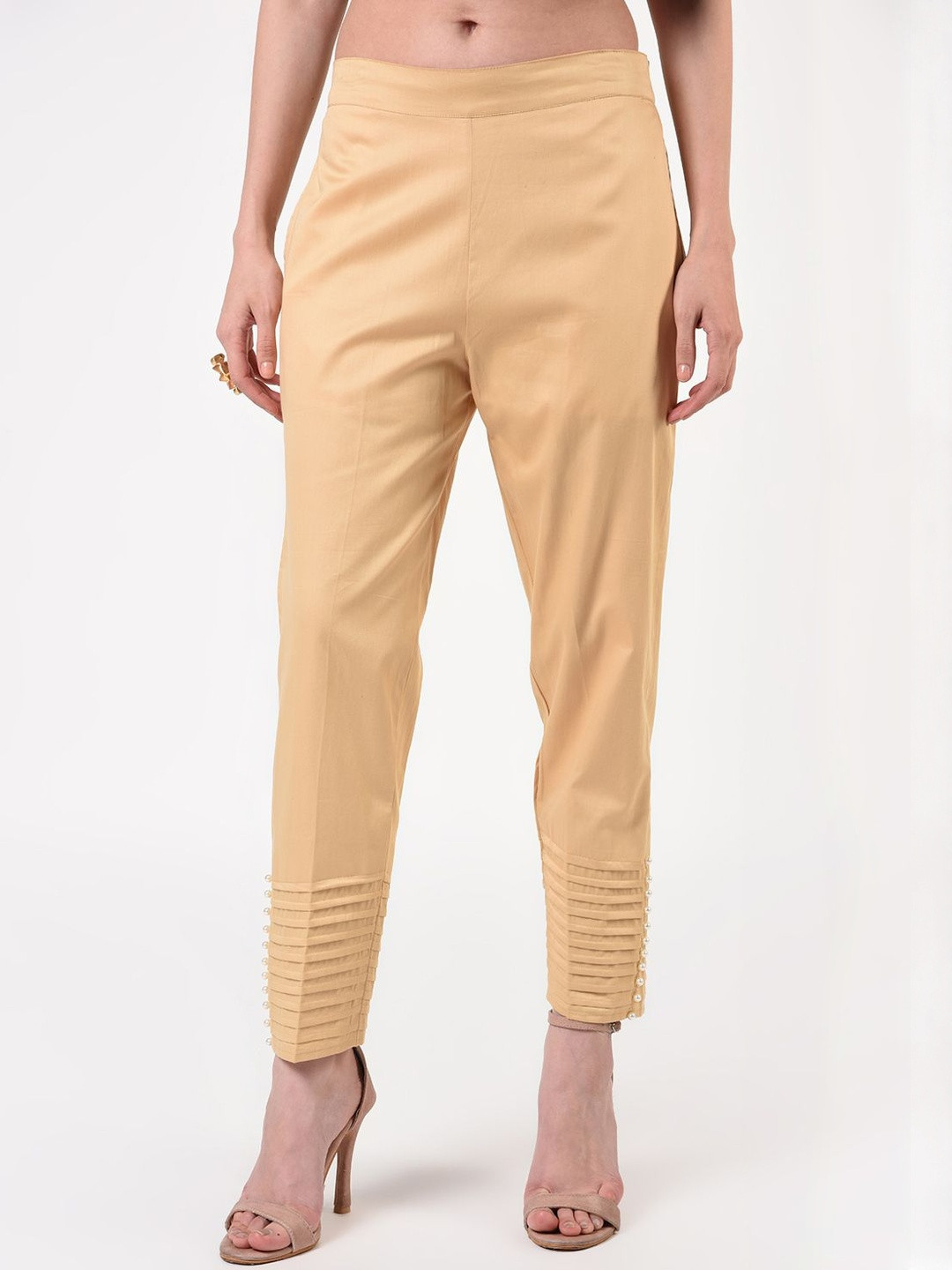 Moda Rapido Women Golden Pure Cotton Pintex Pant with Pockets