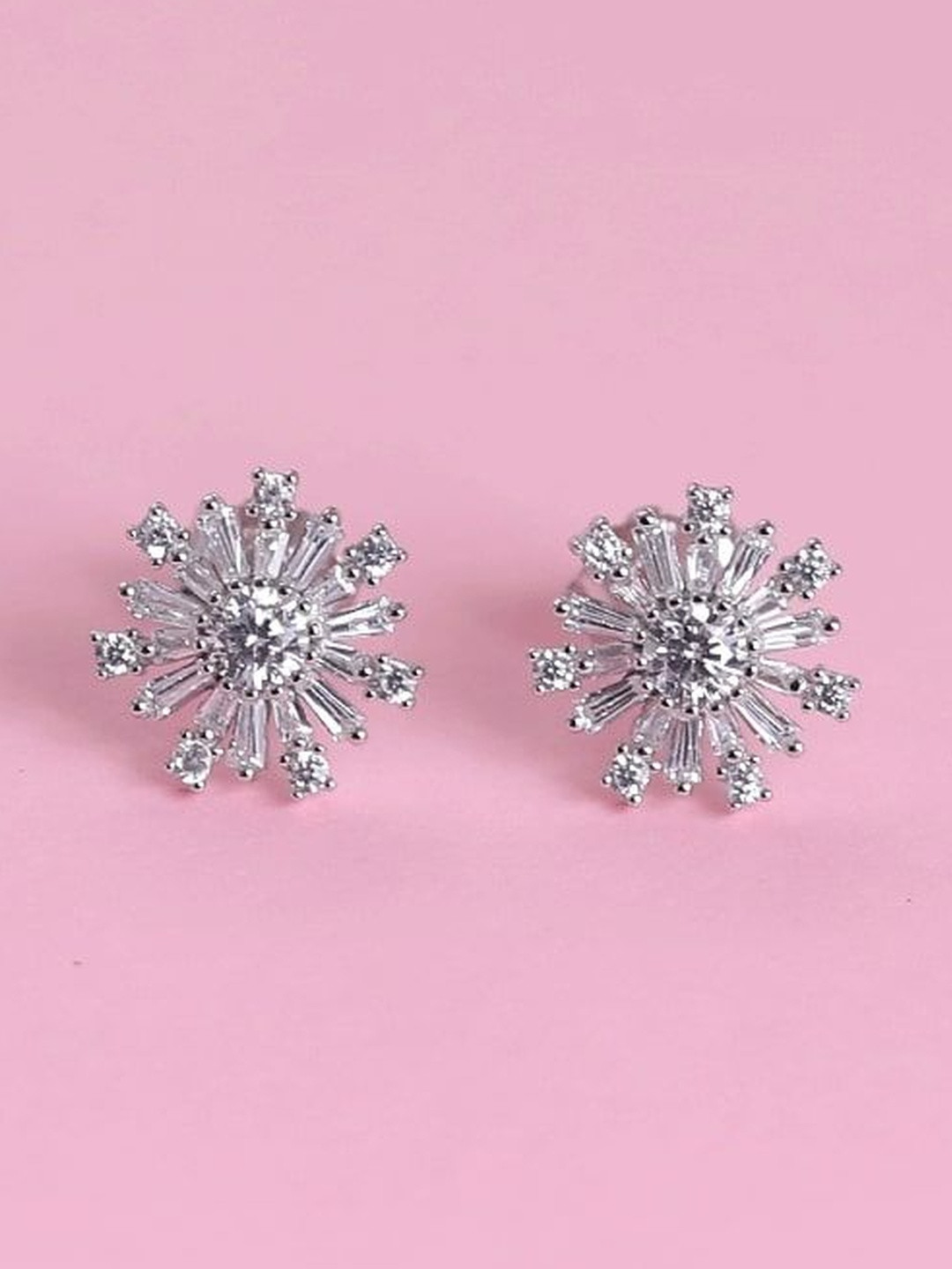 ANJ JEWELS 925 Sterling Silver Plated American Diamond Studded Snowflake Studs