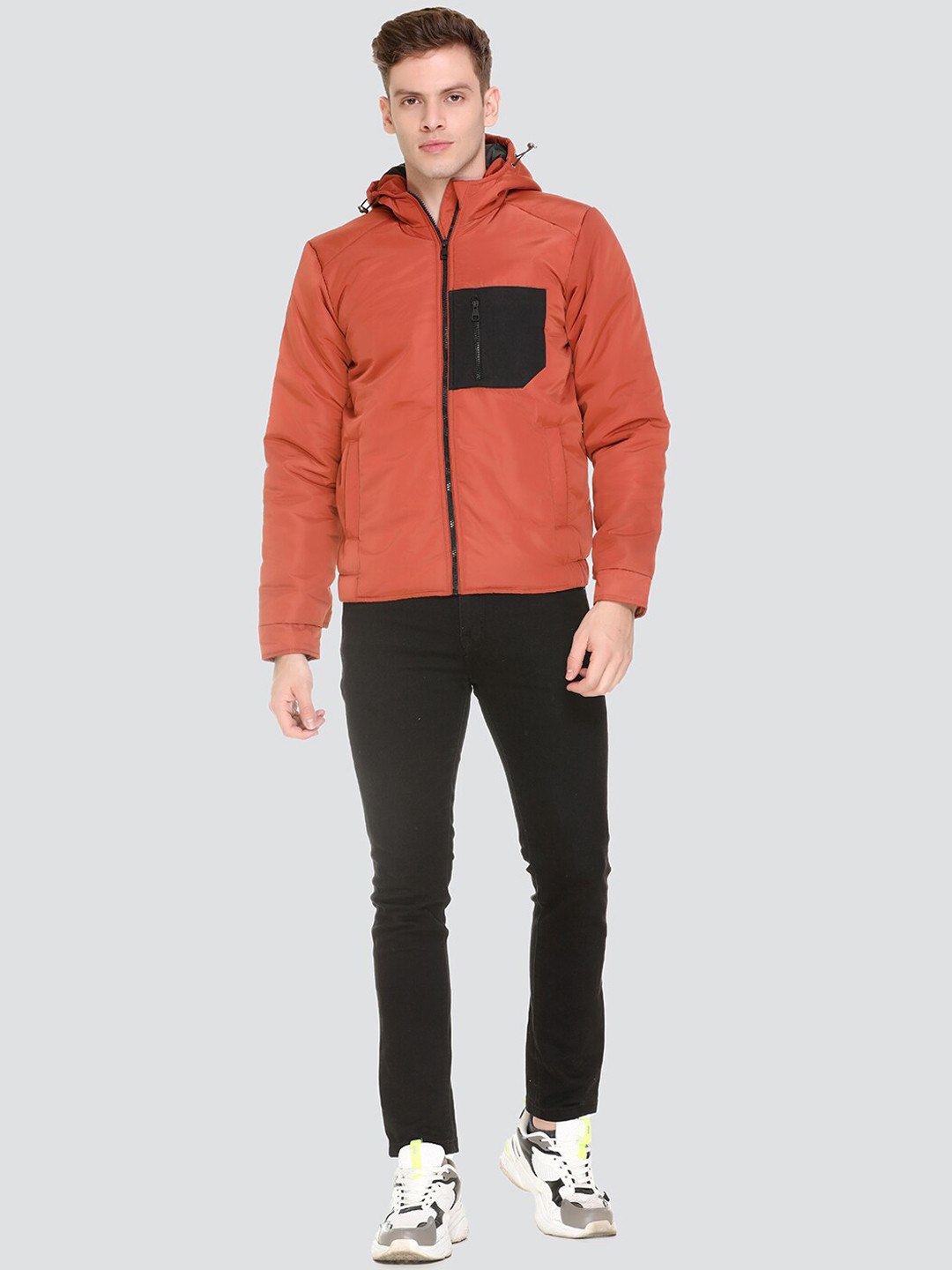 HONNETE Men Rust Black Colourblocked Lightweight Puffer Jacket with Patchwork