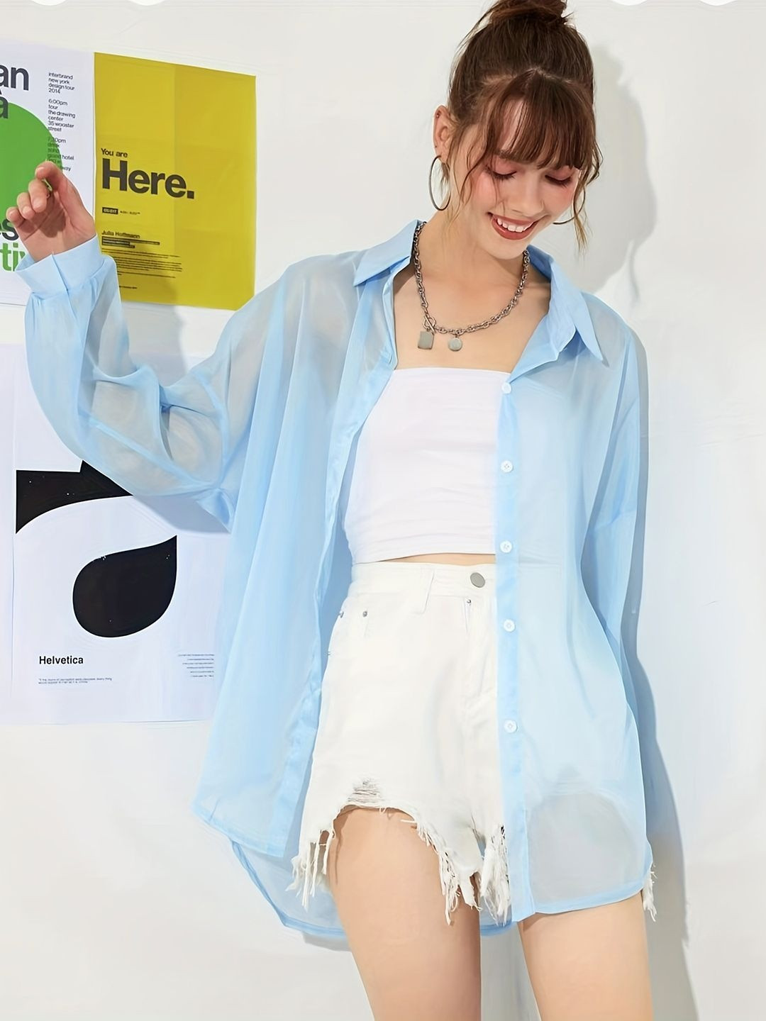 HERE&NOW Women Blue Polyester Sheer Oversized Full Sleeves Shirt