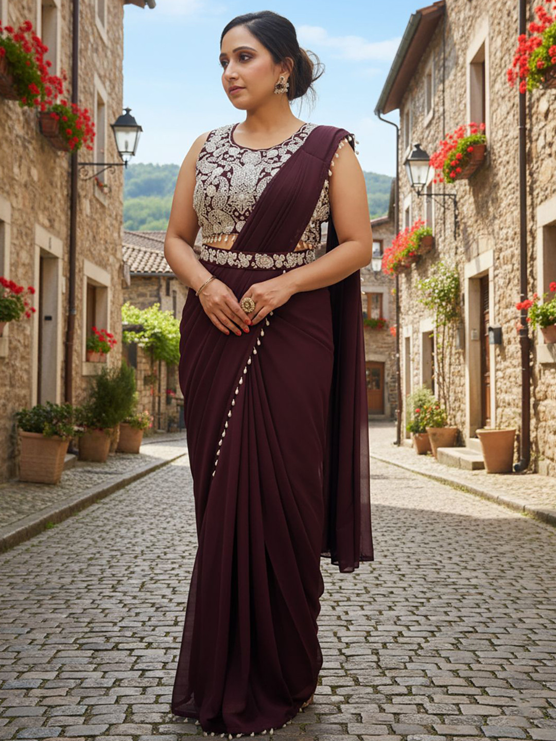 SAKSHI- The Wedding Store Floral Poly Georgette Belted Saree