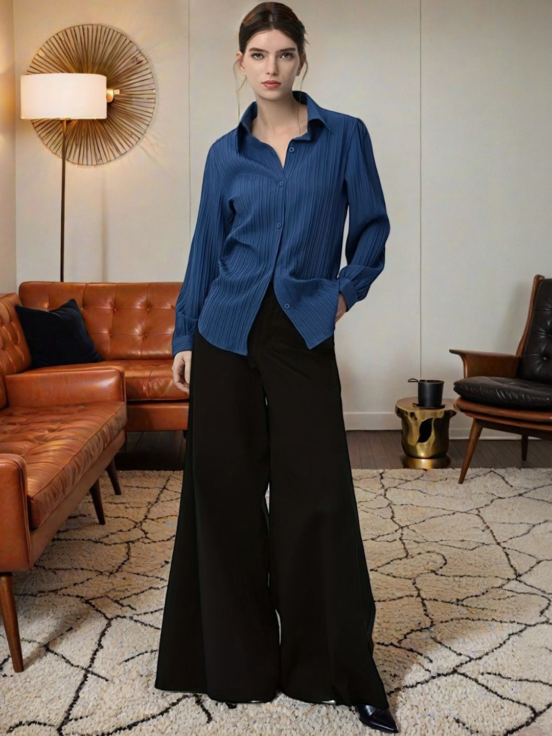 HERE&NOW Women Stripe Textured Full Sleeves Shirt