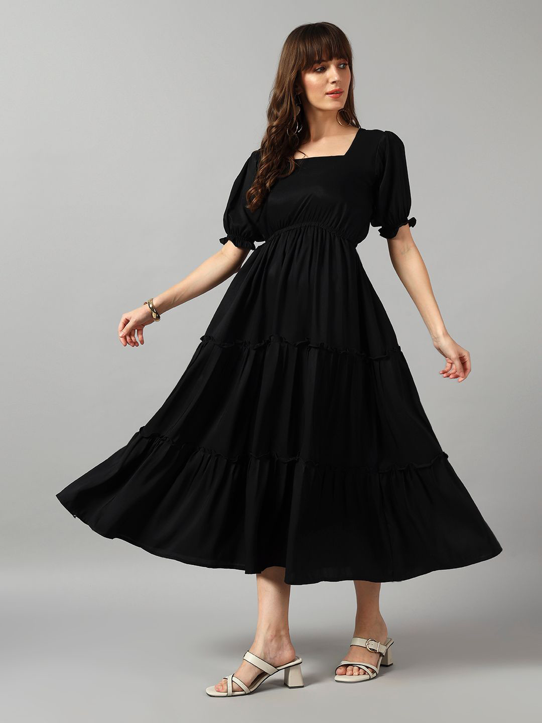 Femvy Women Tiered Solid Square Neck Casual Dress