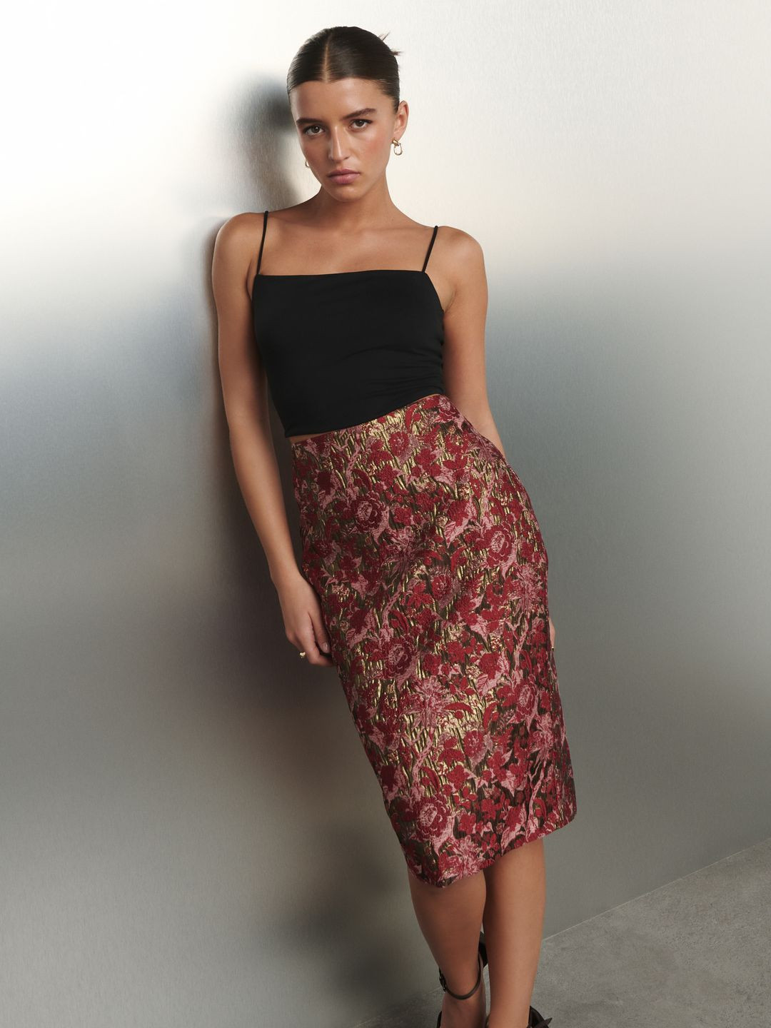NEXT Crinkled Floral Jacquard Pencil Midi Skirt