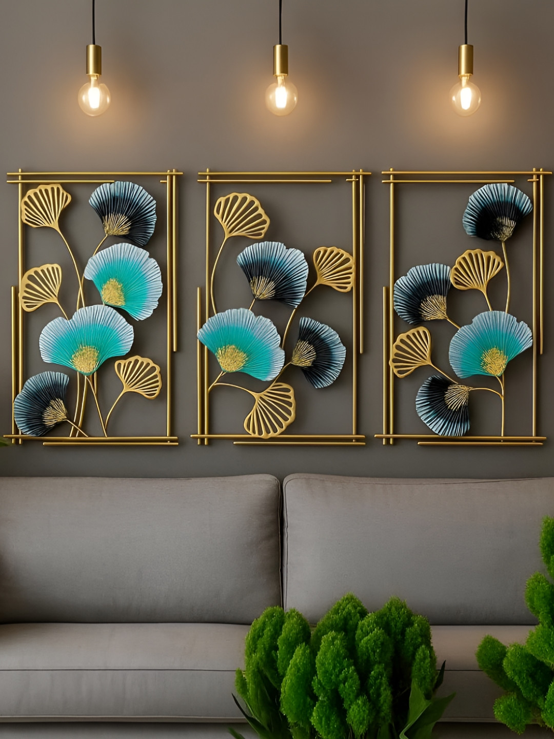 PRANJALS HOUSE Sea-Green & Yellow 3 Pcs Leaf-Designed Wall Hangings