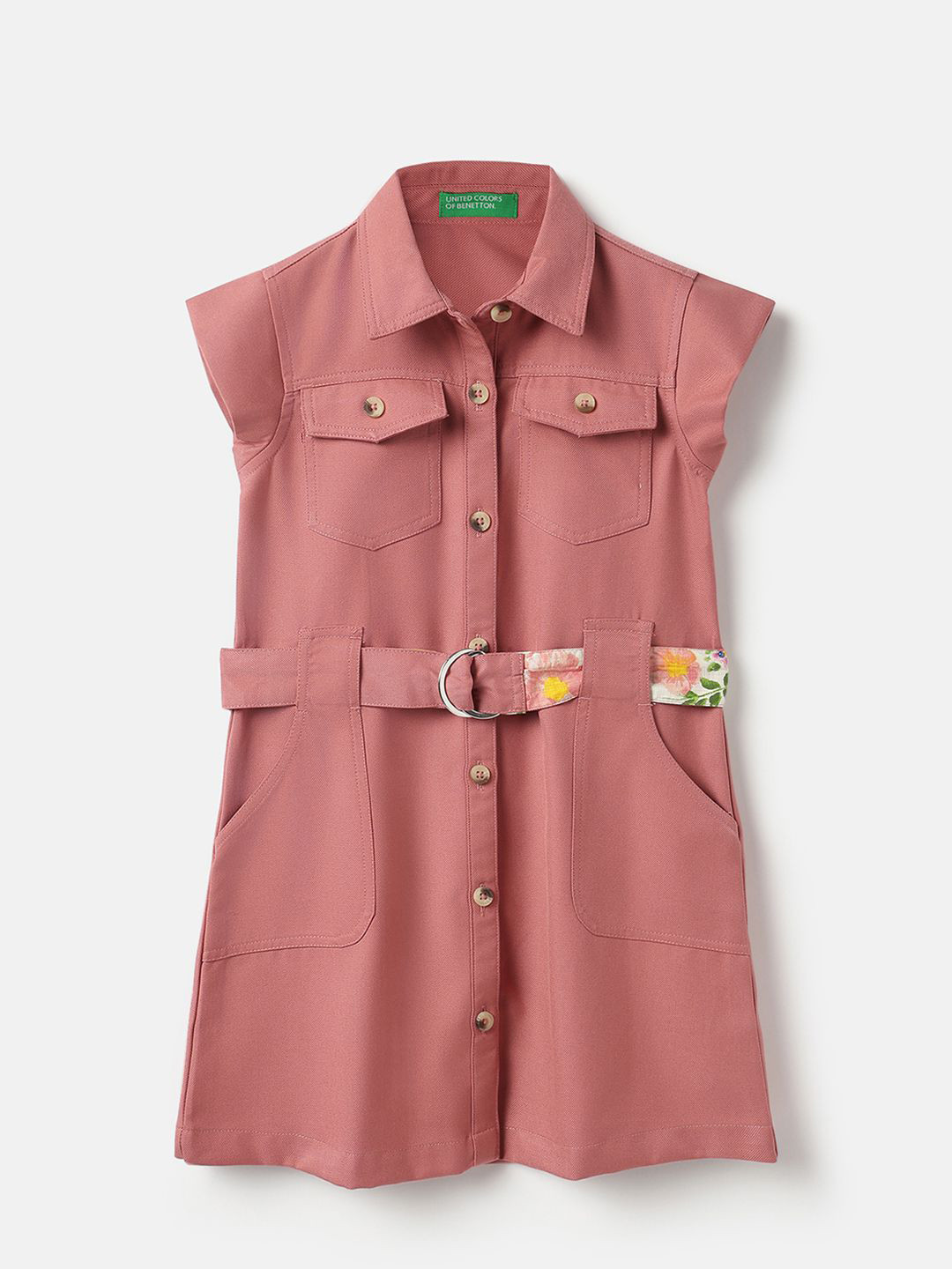 United Colors of Benetton Girls Solid Utility Pockets Cap Sleeves Shirt Dress
