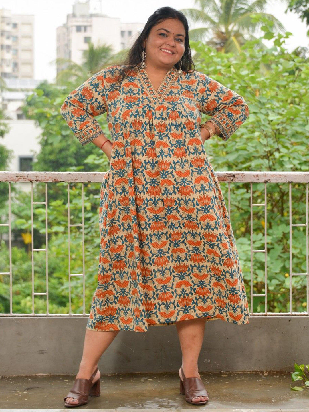 One House Ethnic Motifs Printed Midi Dress