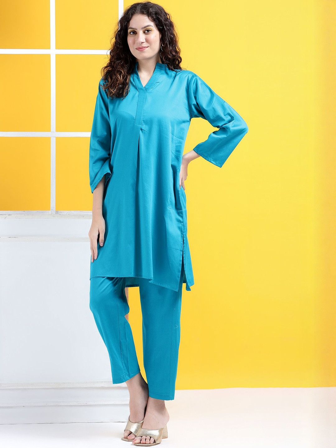 House of Kaftan Mandarin Collar Straight Pure Cotton Kurta with Trousers
