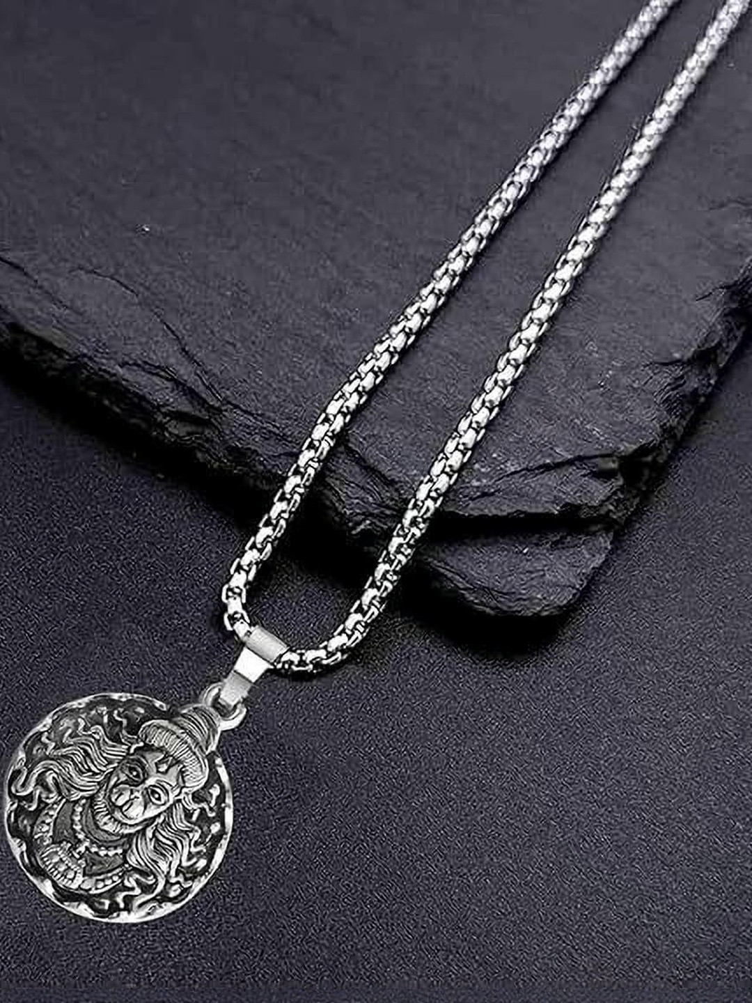 Cyan spritual Unisex Stainless Steel Hanuman Ji Design Oxidised Pendant With Chain