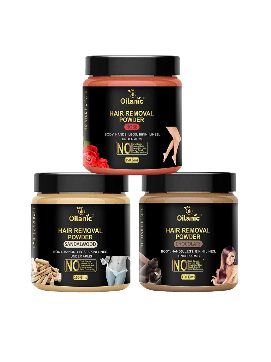 Oilanic Set Of 3 Natural Chocolate, Rose & Sandalwood Hair Removal Wax Powder - 150 g Each