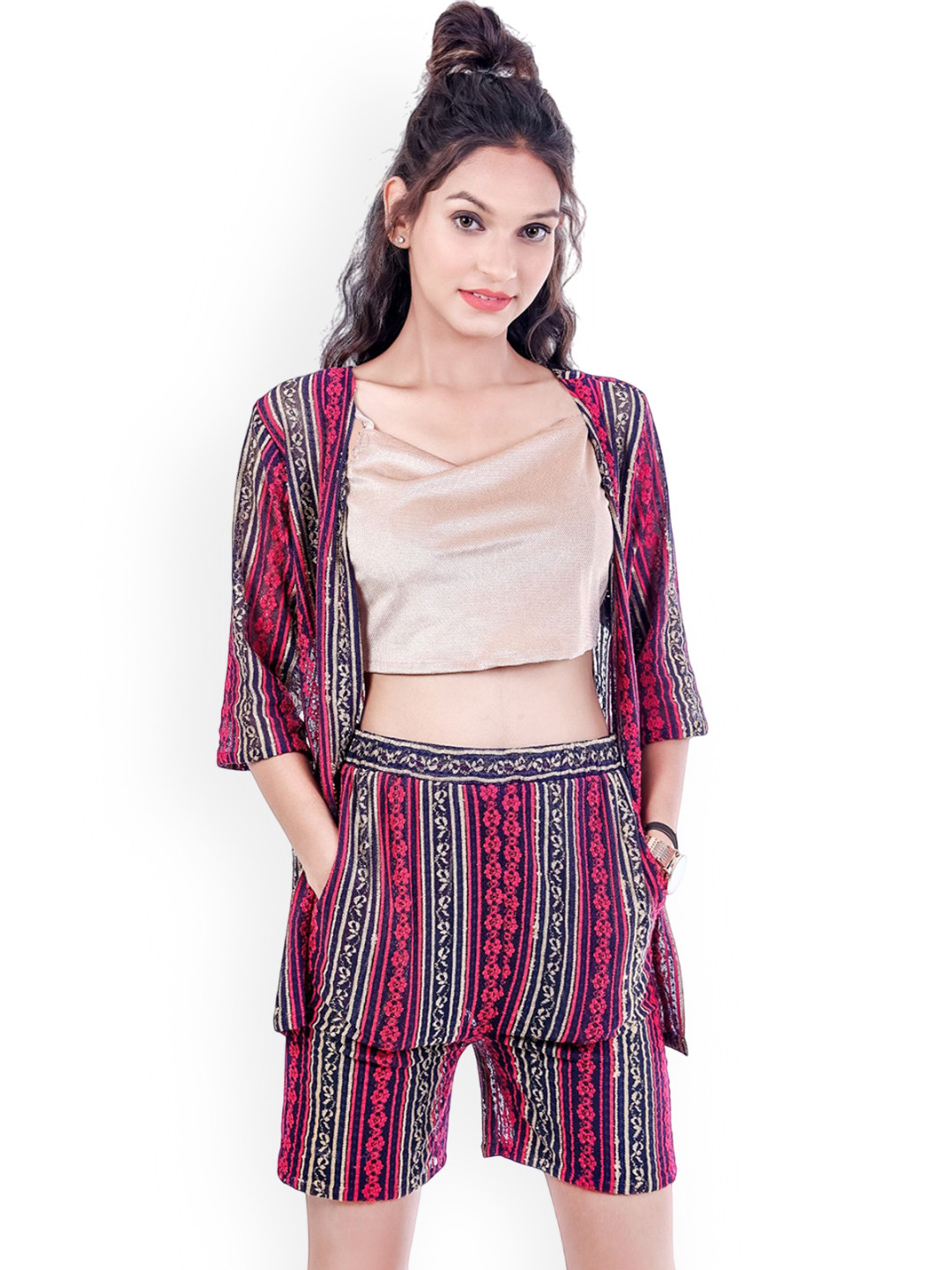 SAMM RANAISSANCE Boat Neck Top And Shorts With Printed Shrug
