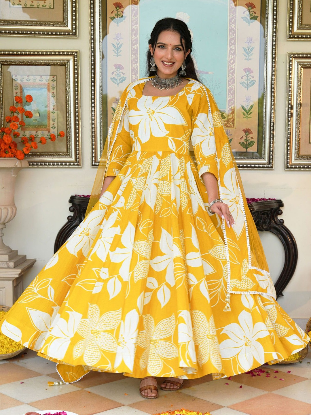 Indian Virasat Women Floral Printed Anarkali Cotton Kurta & Palazzos With Dupatta