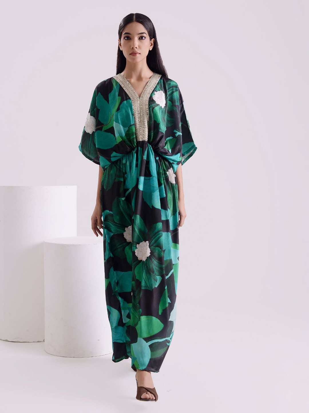 House of Kaftan Floral Printed Kimono Sleeves Silk Kaftan Maxi Dress
