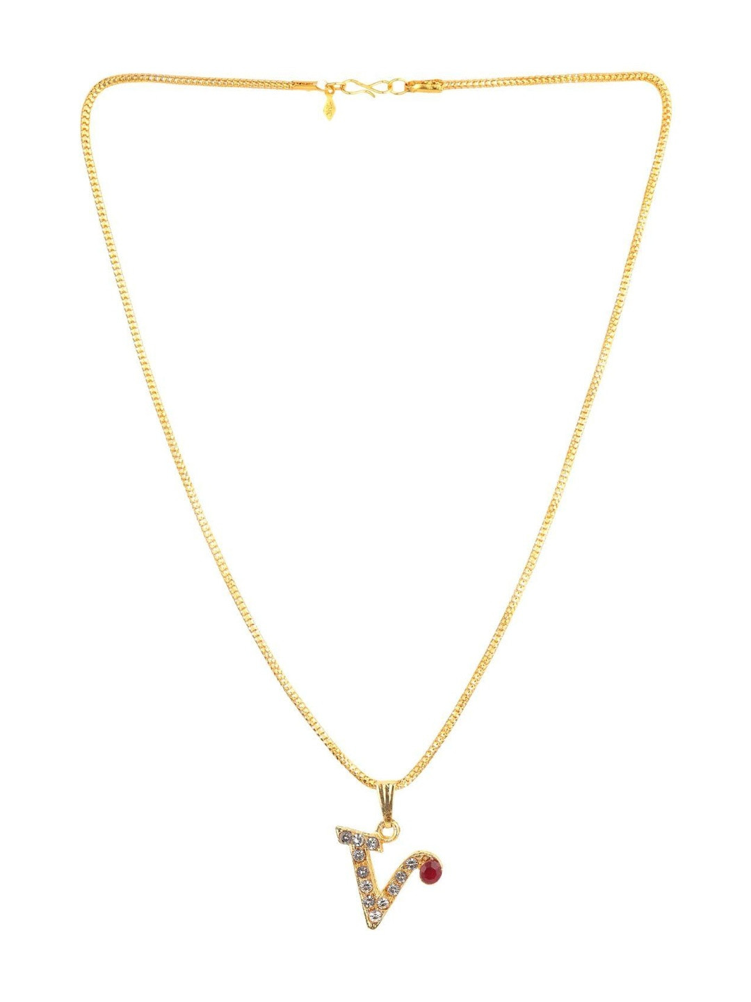 Crazy Queens Unisex Stainless Steel Crystals Studded V Alphabet Shaped Pendant With Chain