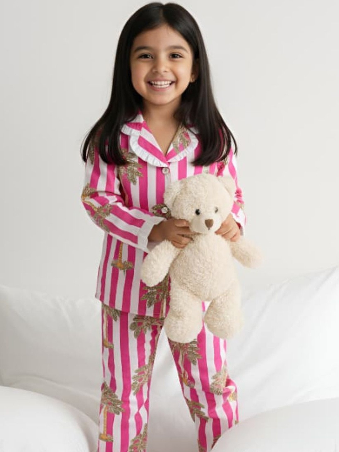 House Of Kids Girls Shirt Collar Striped Print Pure Cotton Premium Night Suit