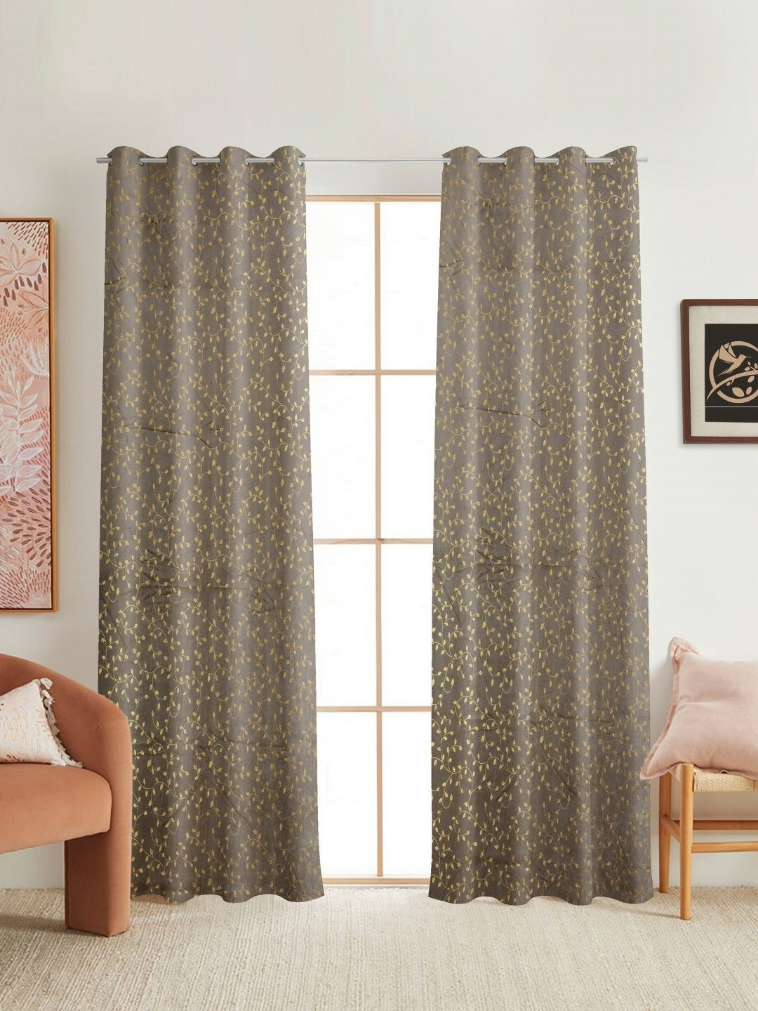 Kiara Creations Set of 2 Grey Booty Foil Velvet Fabric Room Darkening Door Curtain