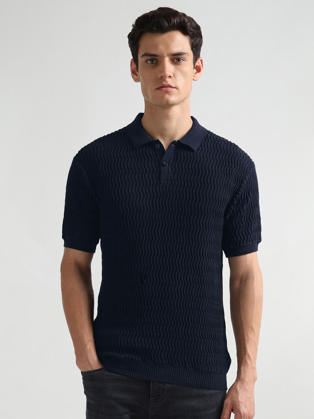 Arrow New York Men Self Design Polo Collar Pure Cotton Slim Fit T-shirt