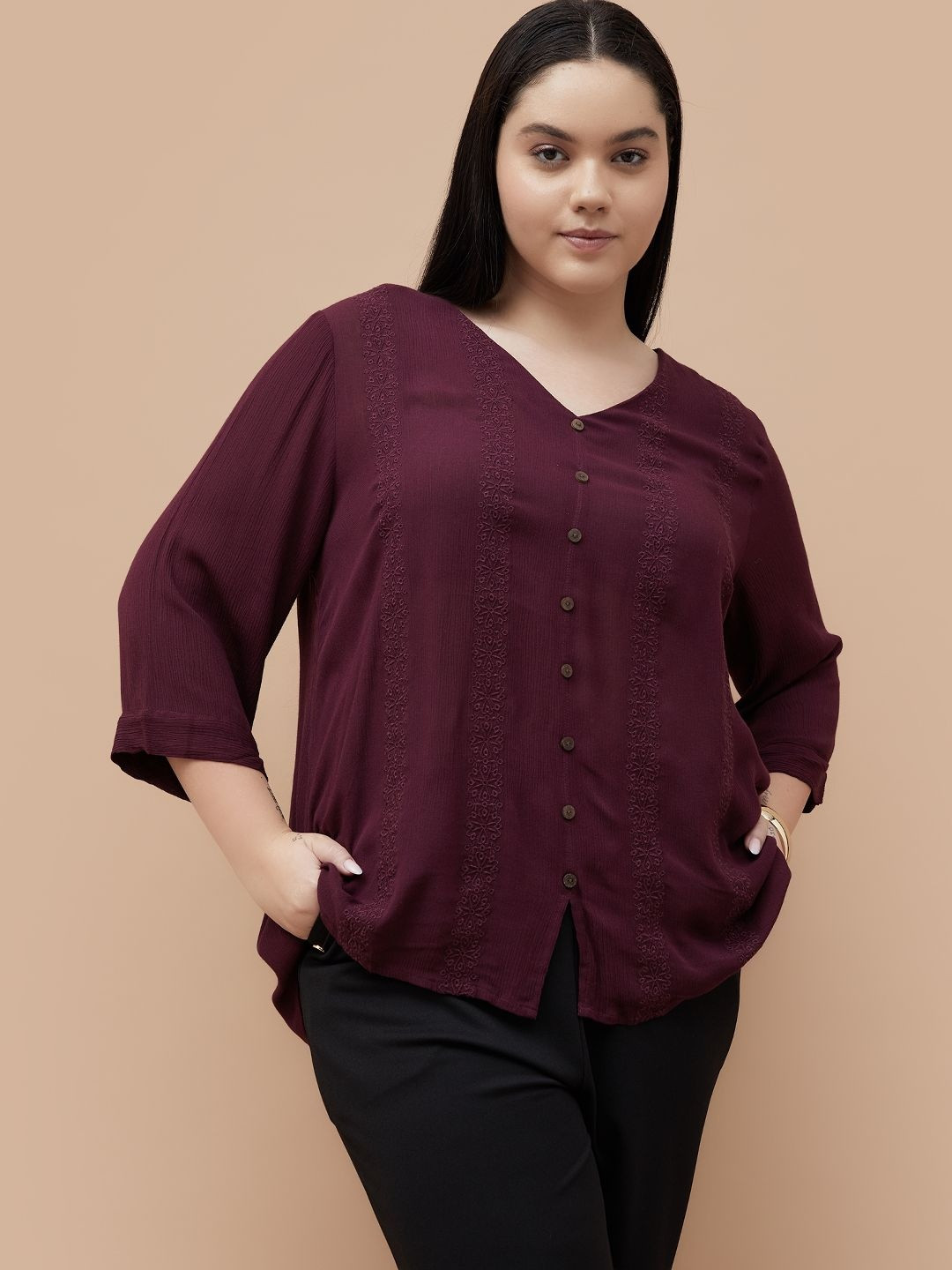Nexus by Lifestyle Women Purple Embroidered Viscose Rayon Plus Size Top