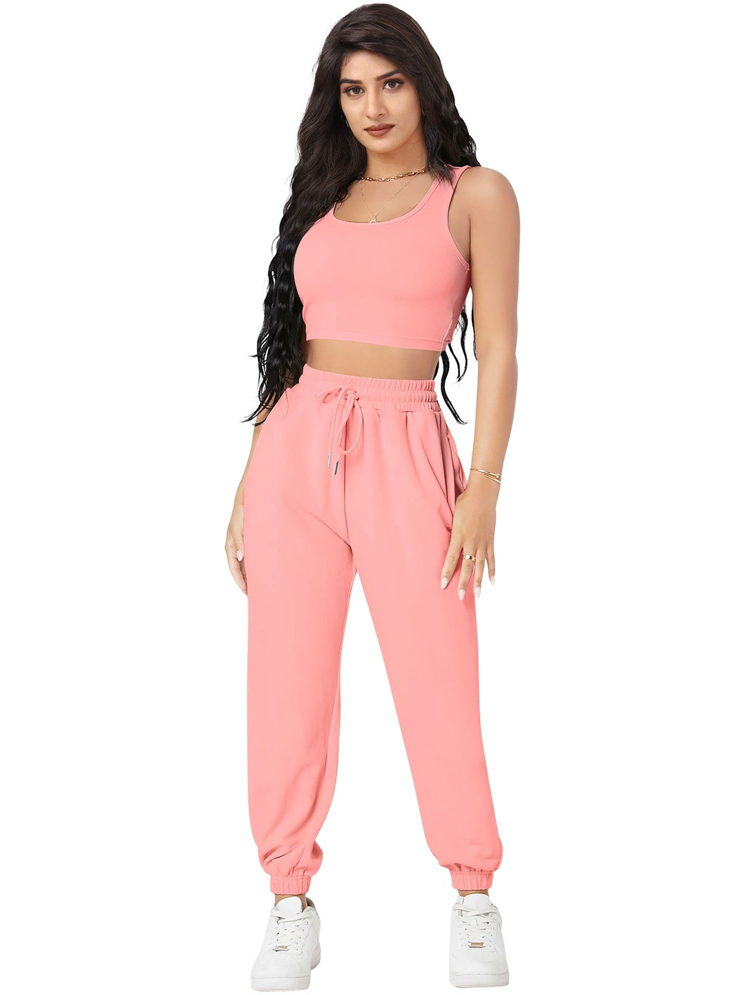Peach Round Neck Crop Top and Joggers Co-Ords