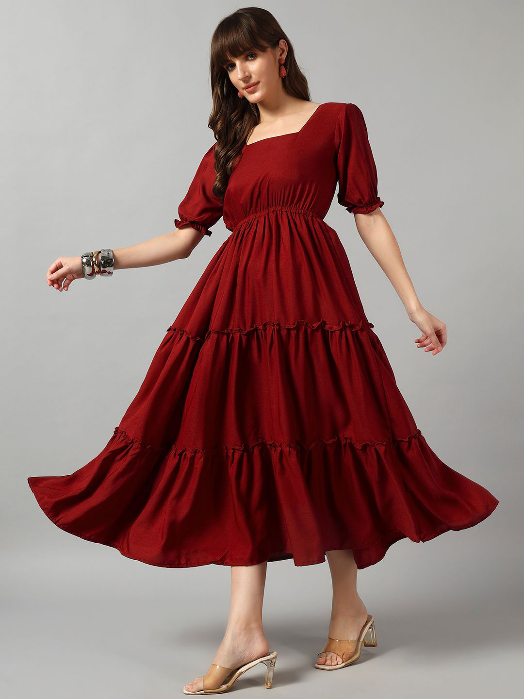Femvy Square Neck Gathered Or Pleated Casual Fit & Flare Midi Dress