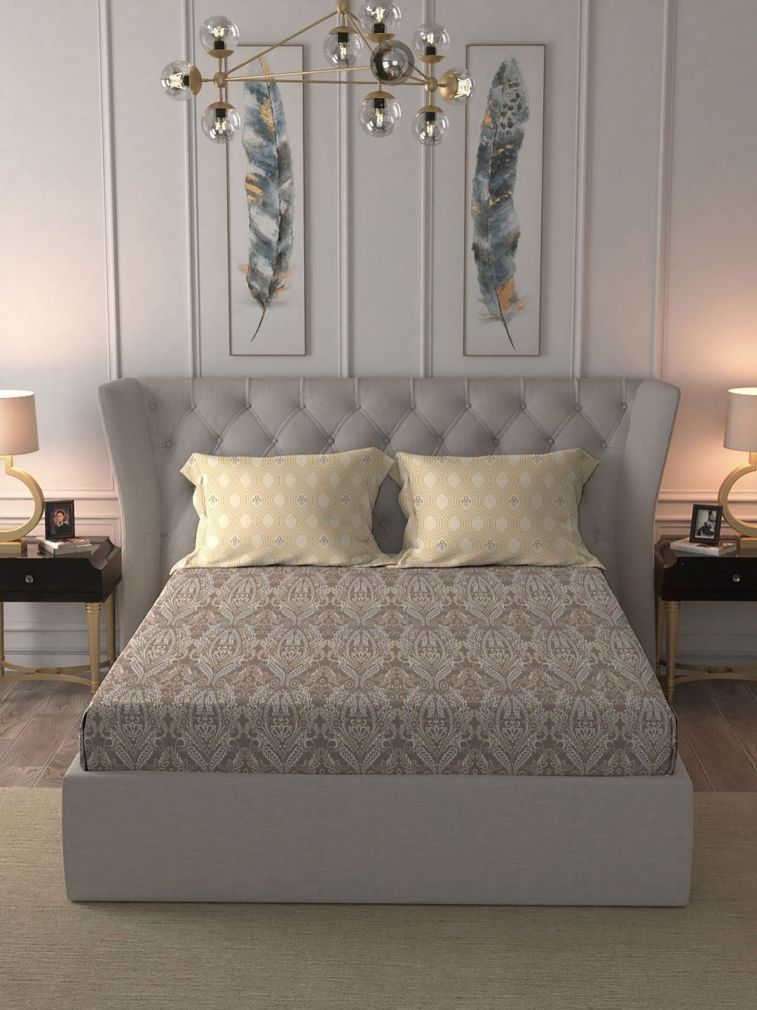 HOME ELEGANCE by MYTRIDENT Brown Printed 120 TC Cotton Double Queen Bedsheet Set 2.28 m x 2.54 m