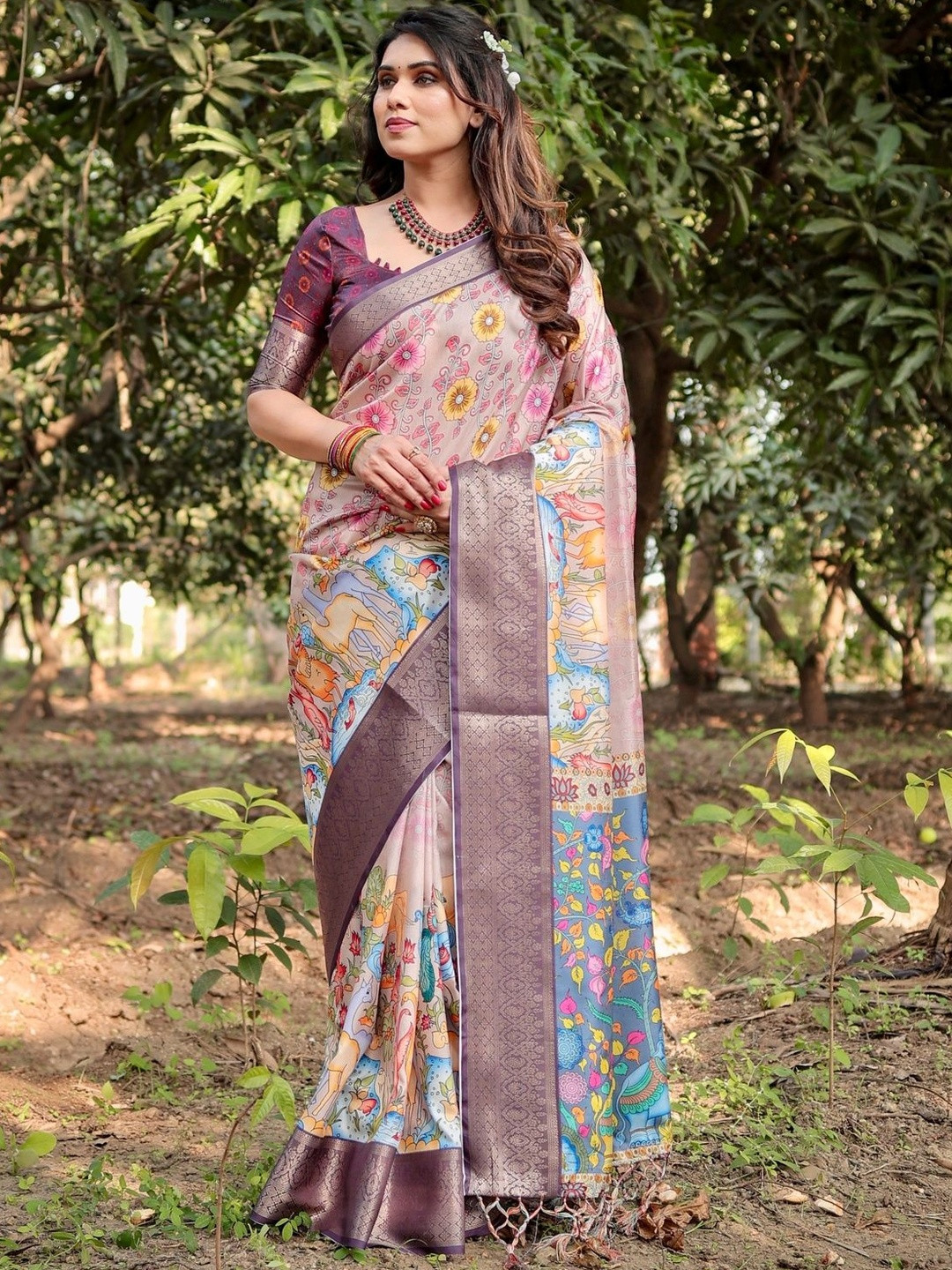 MAHARANI COUTURE Tussar Silk Floral Saree with Matching Blouse & Tassel Detailing