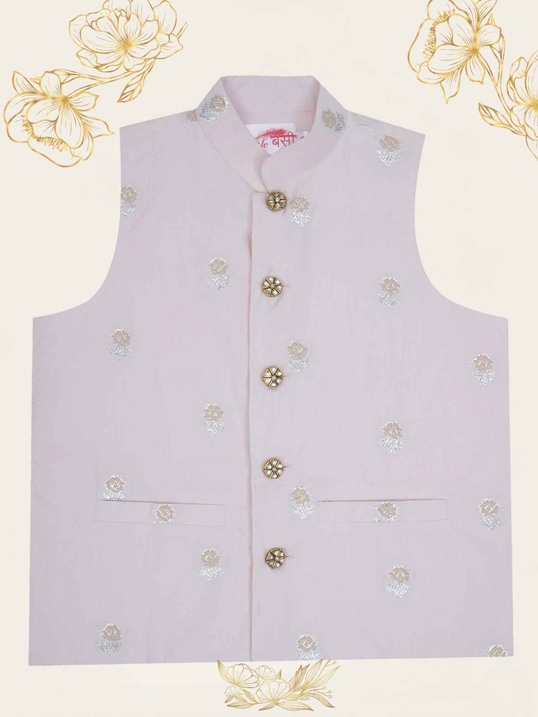 Little Bansi Boys Pink Cotton Woven Sleeveless Rose Thread work Nehru Jacket