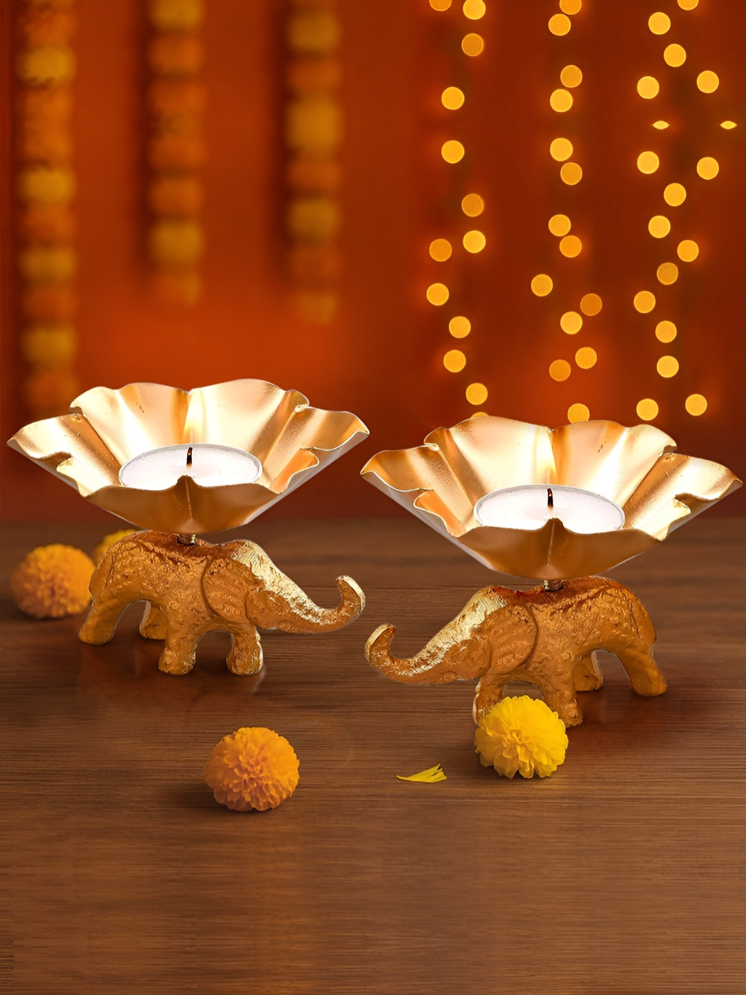 TIED RIBBONS Set of 2 Elephant Tea Light Candle Holder with Detachable Elephant Base
