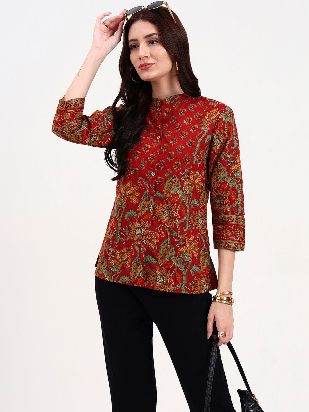Yufta Floral Print Mandarin Collar Cotton Top