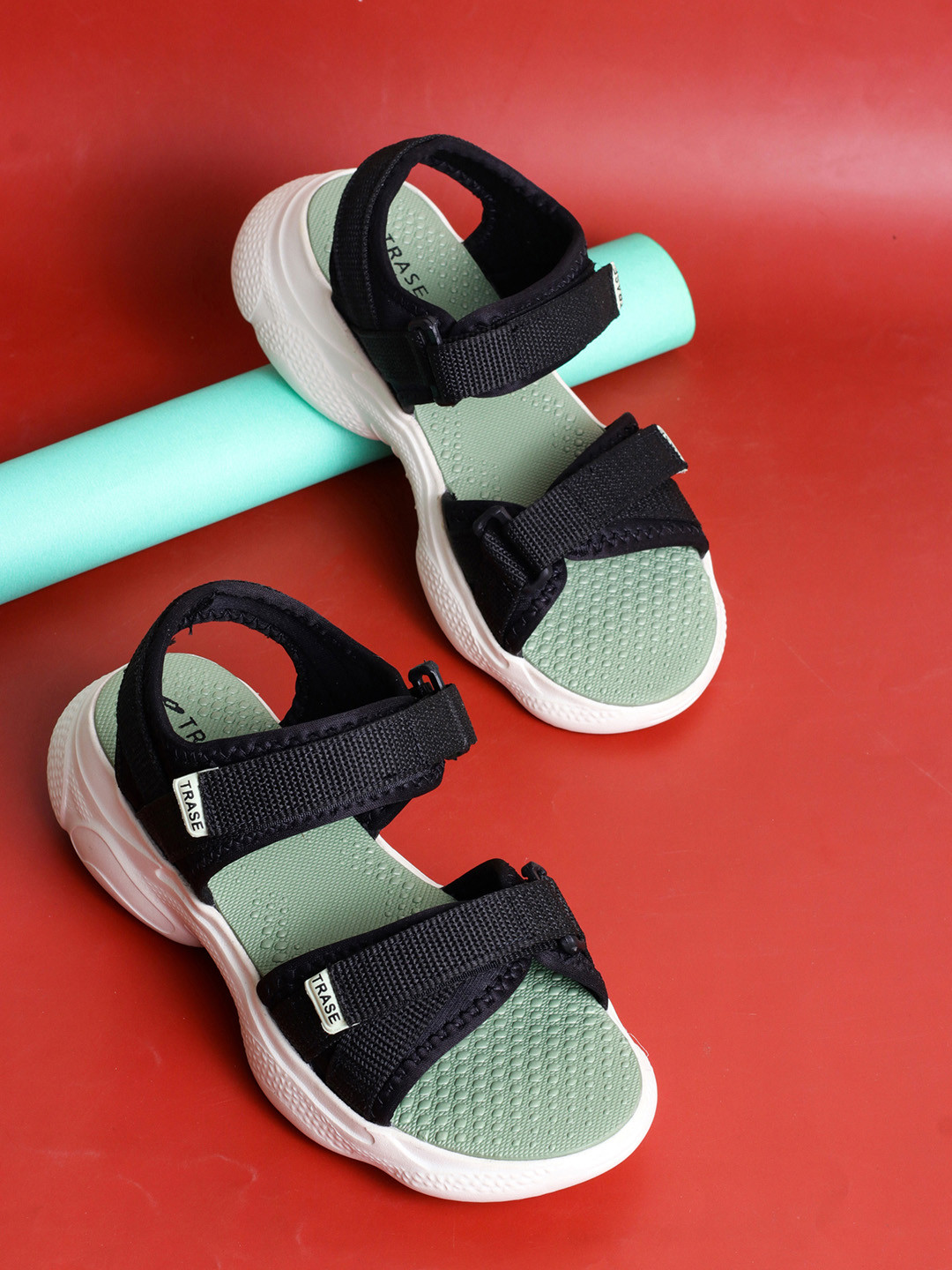 TRASE Women Black & Sea Green Solid Sandals
