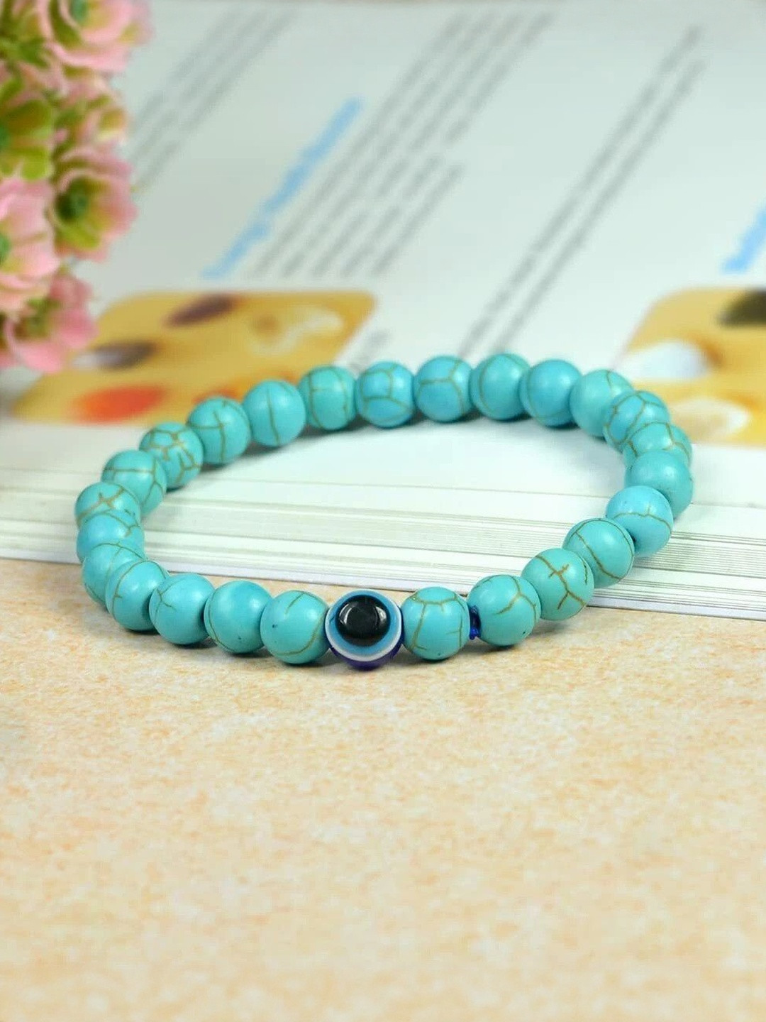 Sukhad Unisex Blue Artificial Beads Evil Eye Slip-On Elasticated Bracelet