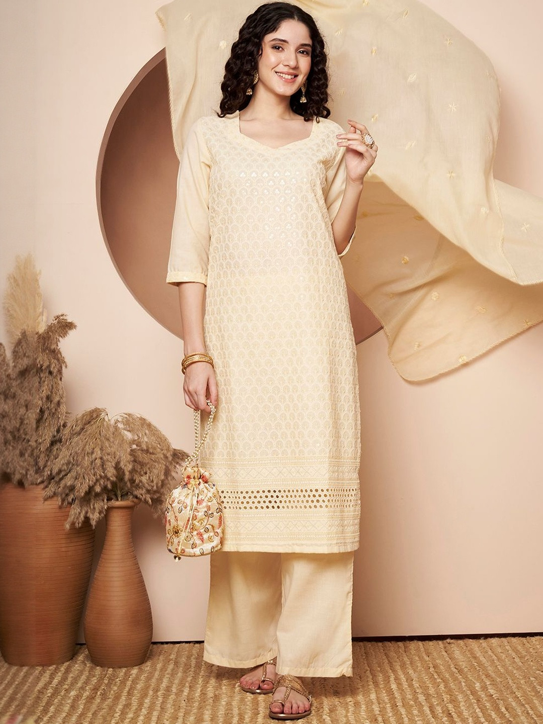 Poshak Hub Women Chikenkari Embroidered Kurta with Palazzos & Dupatta