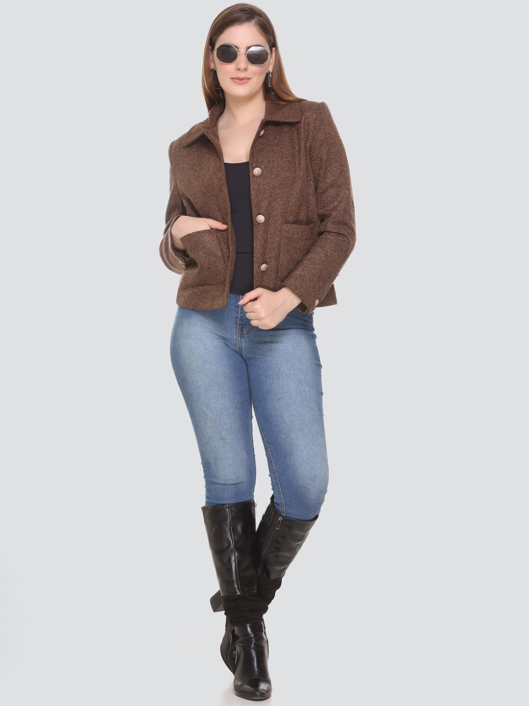 HONNETE Women Brown Self-Design Acrylic Winter Coats