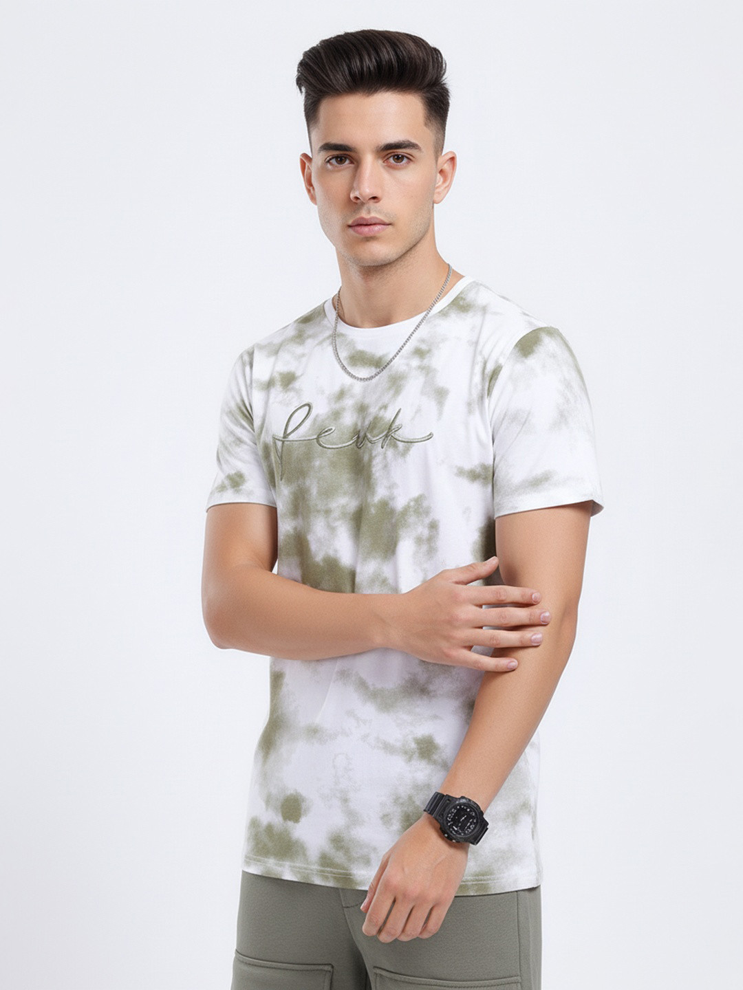 FCUK Brand Logo Embroidered Tie-Dyed Casual T-shirt